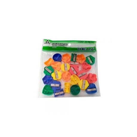 SACAPUNTAS DE PLASTICO BARRILITO DELTA SKD25 PAQUETE CON 25 PIEZAS VARIOS COLORES ESCOLAR