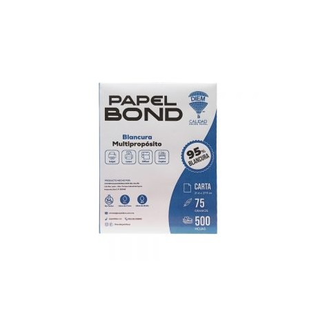 HOJA DE PAPEL BOND DIEM PAQUETE 500 PIEZAS TAMAÑO CARTA 95% BLANCURA 57X87 CENTIMETROS 75 GRAMOS