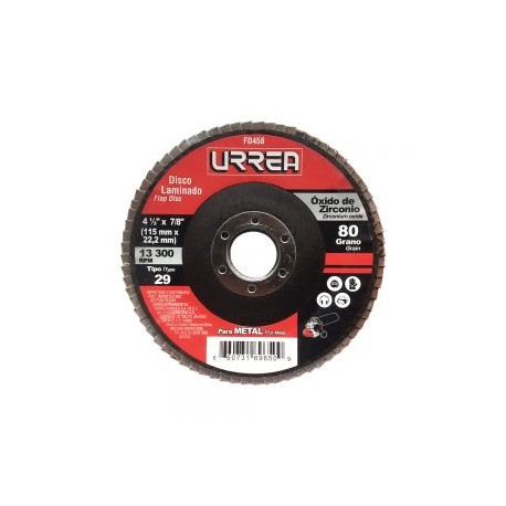 DISCO LAMINADO DE DESBASTE URREA FD458 4-1/2”X7/8” GRANO 80 13,300 RPM